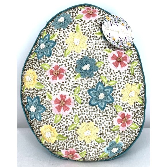 Egg Shaped Pillow Decorative Embellished Beaded Floral 16" NWT - Picture 1 of 8